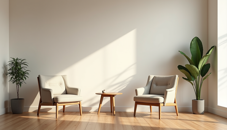 Eye-level view of a calm meeting room with two chairs and a mediation table