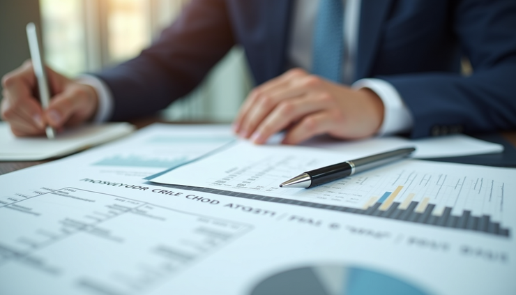 Close-up view of financial documents and a pen on a mediation table