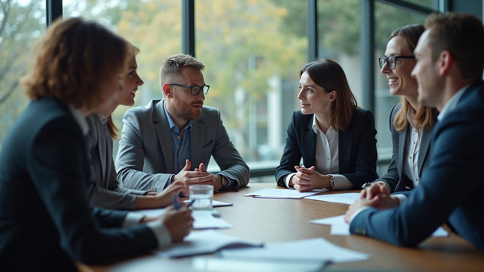 Close-up view of a business meeting with diverse team discussing AI project strategy