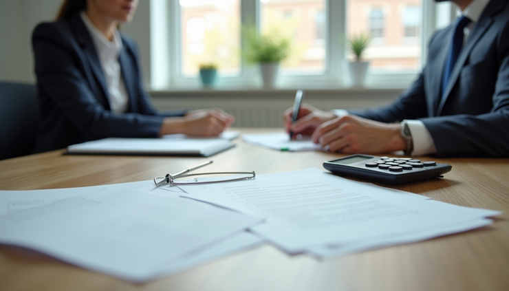 Two people in suits sit at a desk with papers, a pen, and a calculator. Bright office with plants on the windowsill. Business meeting mood.