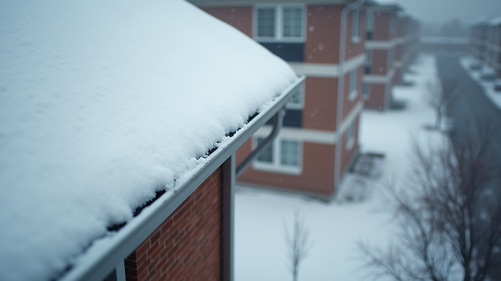 High angle view of a condo roof with snow-covered gutters