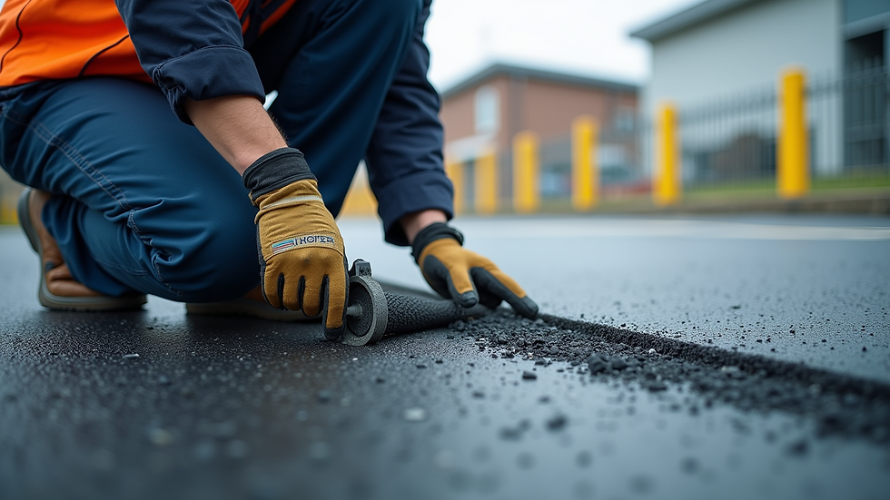 Eye-level view of a REVM technician performing asphalt repair