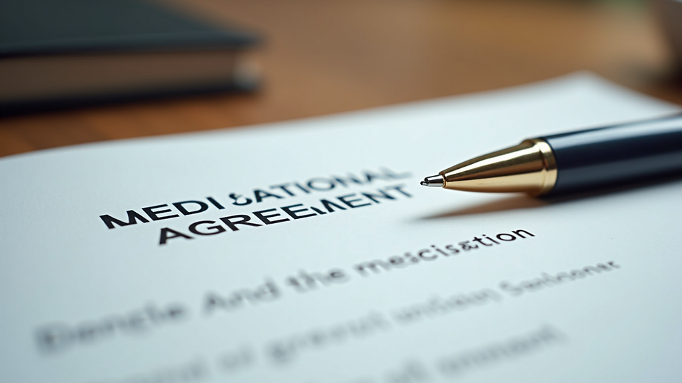 Close-up view of a mediation agreement document on a table with a pen