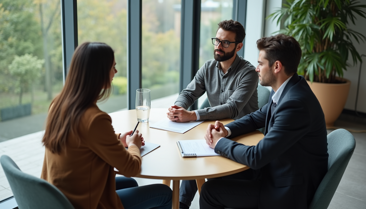 High angle view of a mediator facilitating a calm discussion between a couple