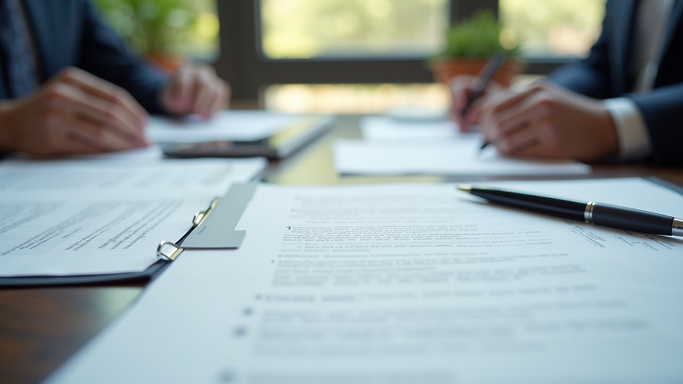 Close-up view of a mediation table with documents and pens