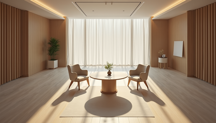 High angle view of a calm mediation room with chairs and a round table