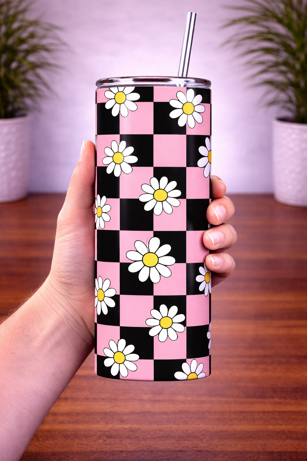 Pink Daisy Checkered