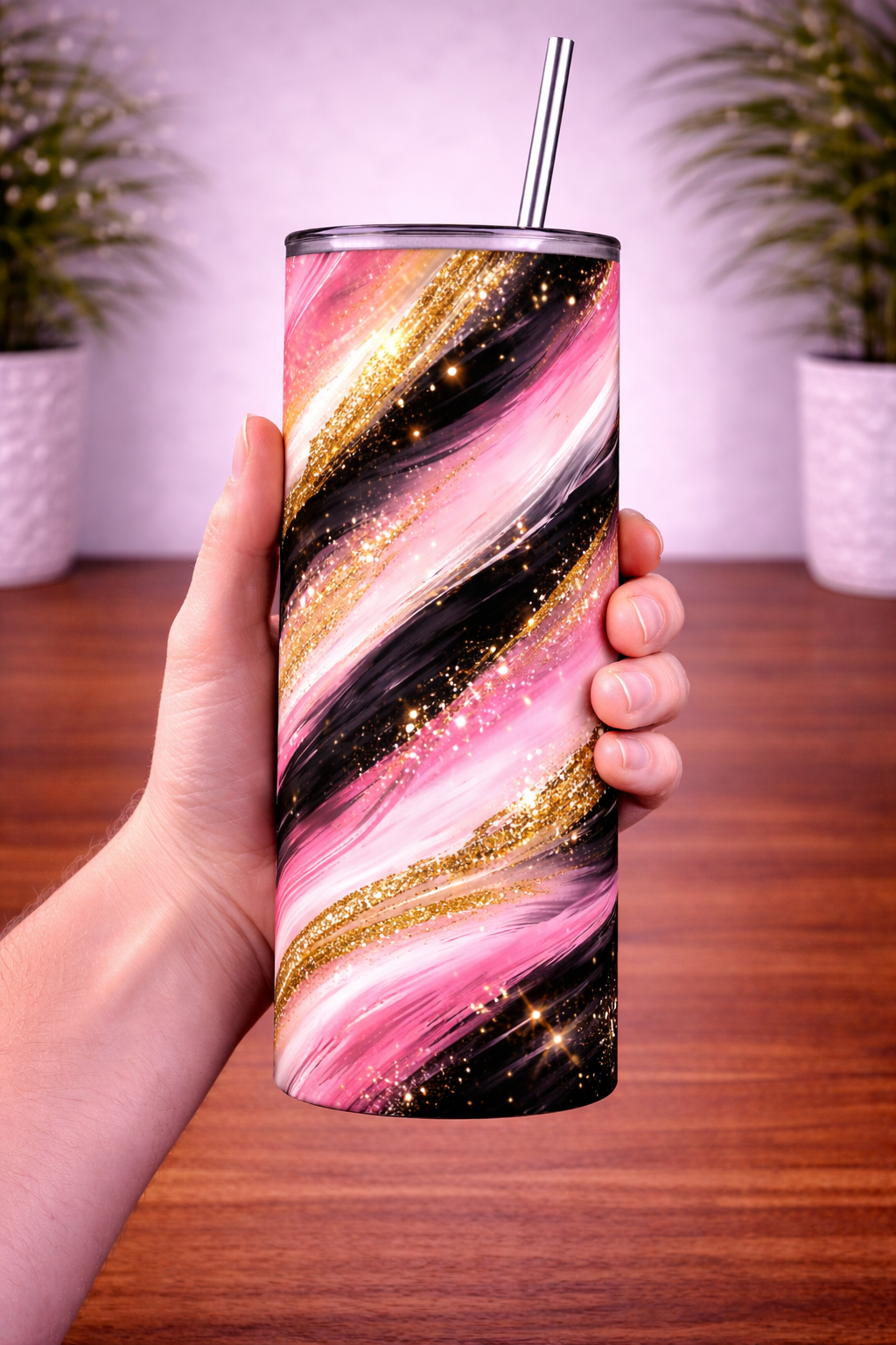 Pink, Black & Gold Sparkle Swirl Tumbler