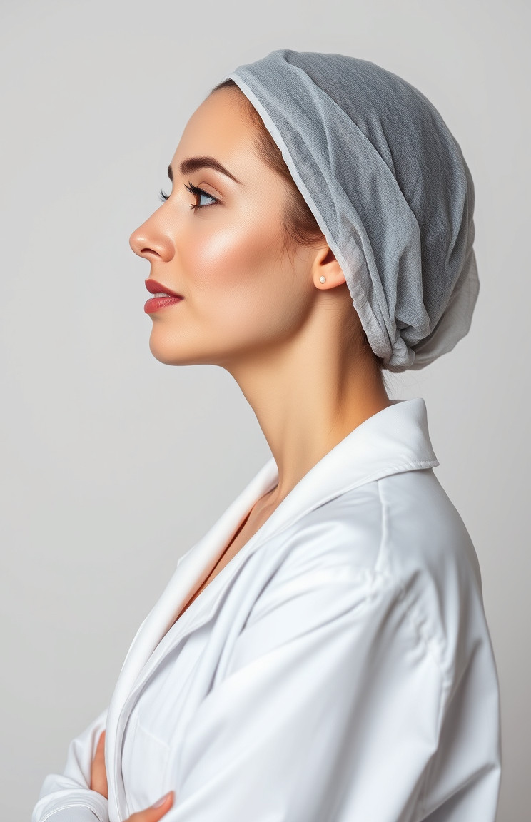 a woman in a medical cap and coat, ready for a skincare treatment
