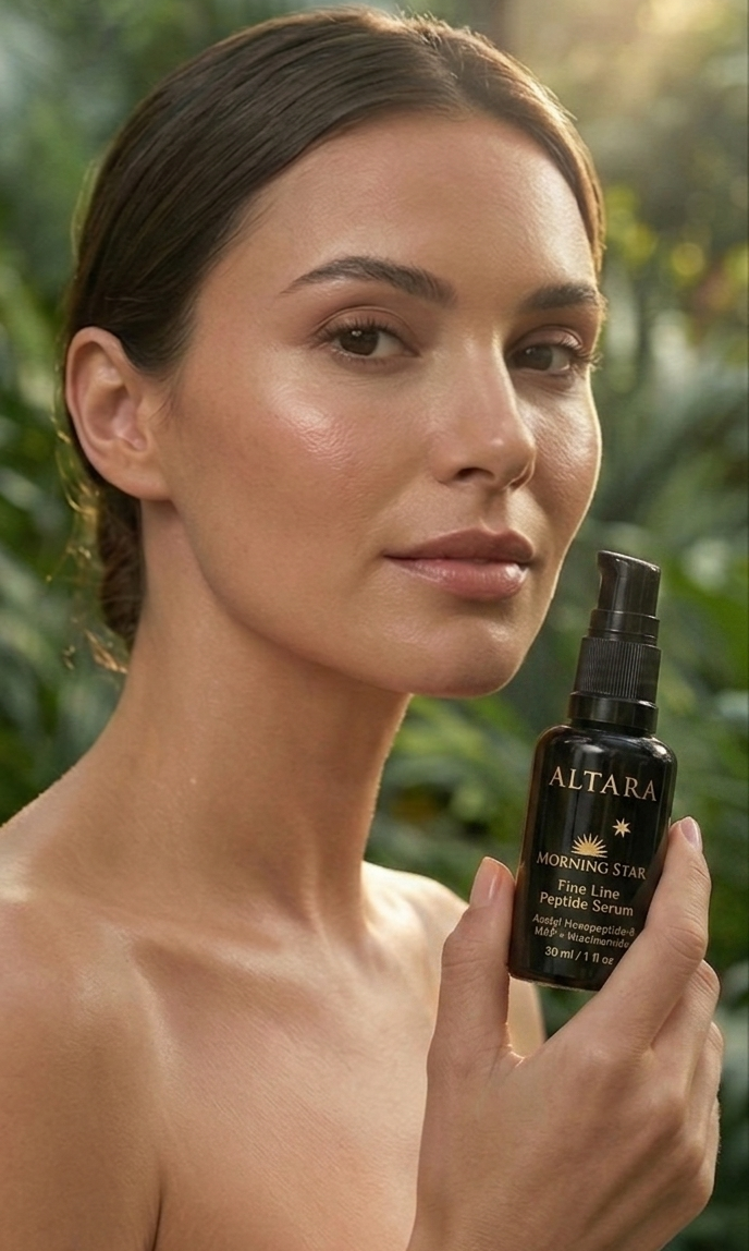 A woman holding a bottle of Altara Morning Star Peptide Serum