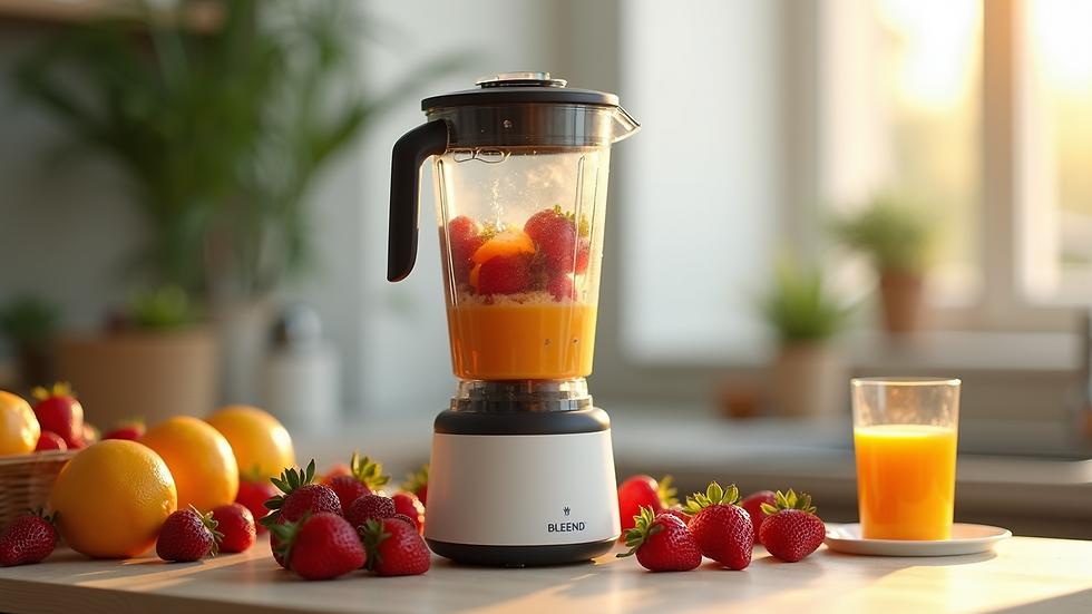 Close-up view of BLEEND's portable blender with fresh fruits