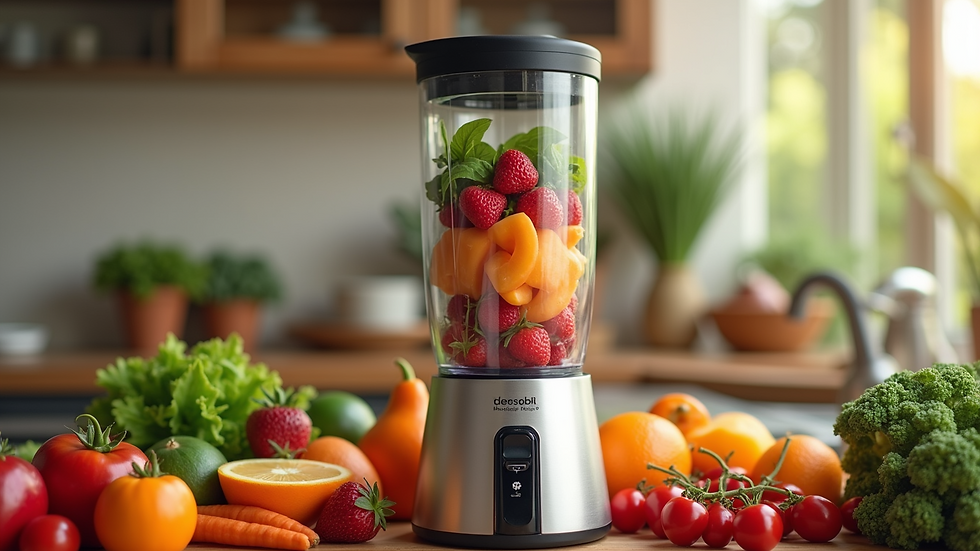 Close-up view of a premium portable blender with fresh fruits and vegetables