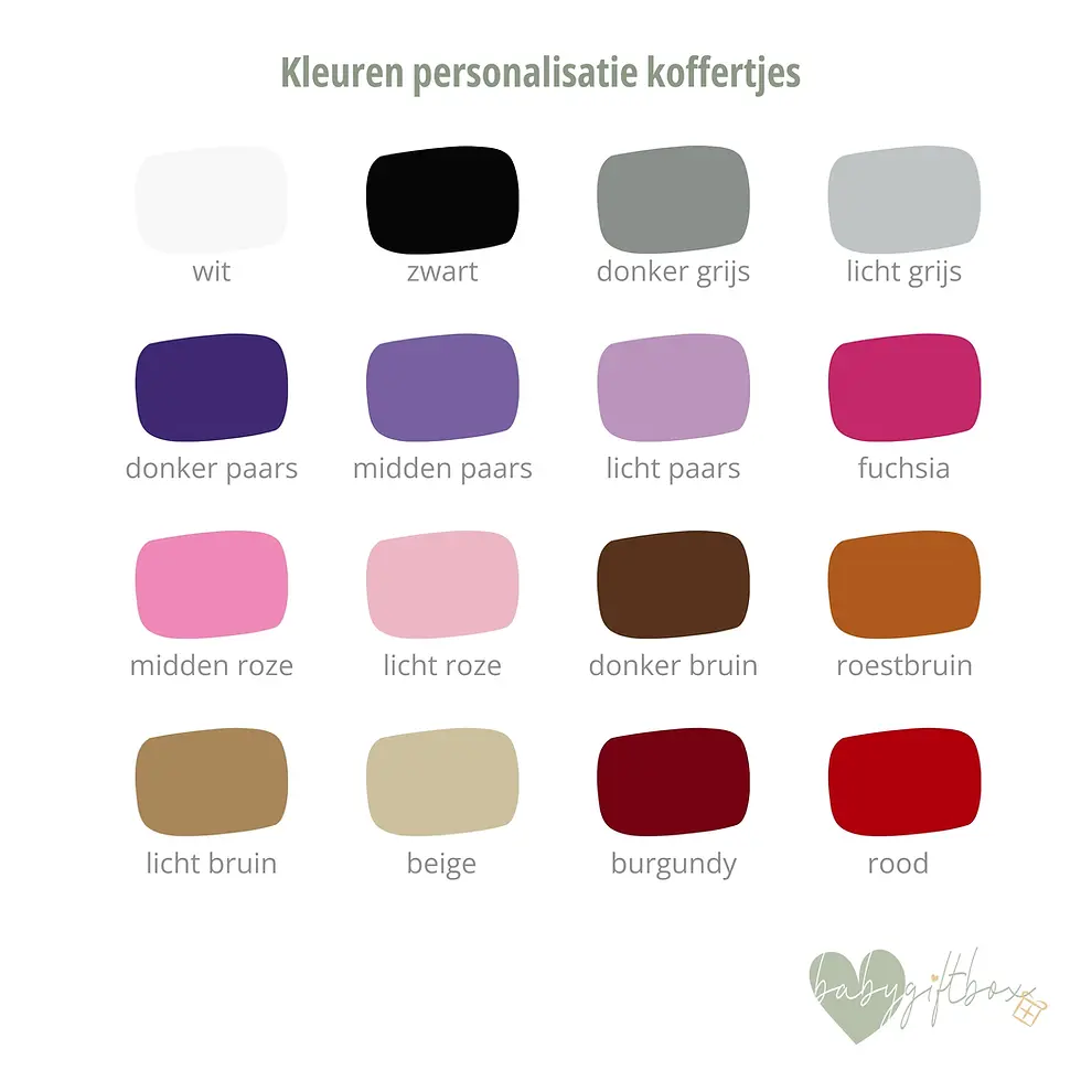 Thumbnail: Beschikbare kleuren voor personalisatie van een kinderkoffertje bij Babygiftbox