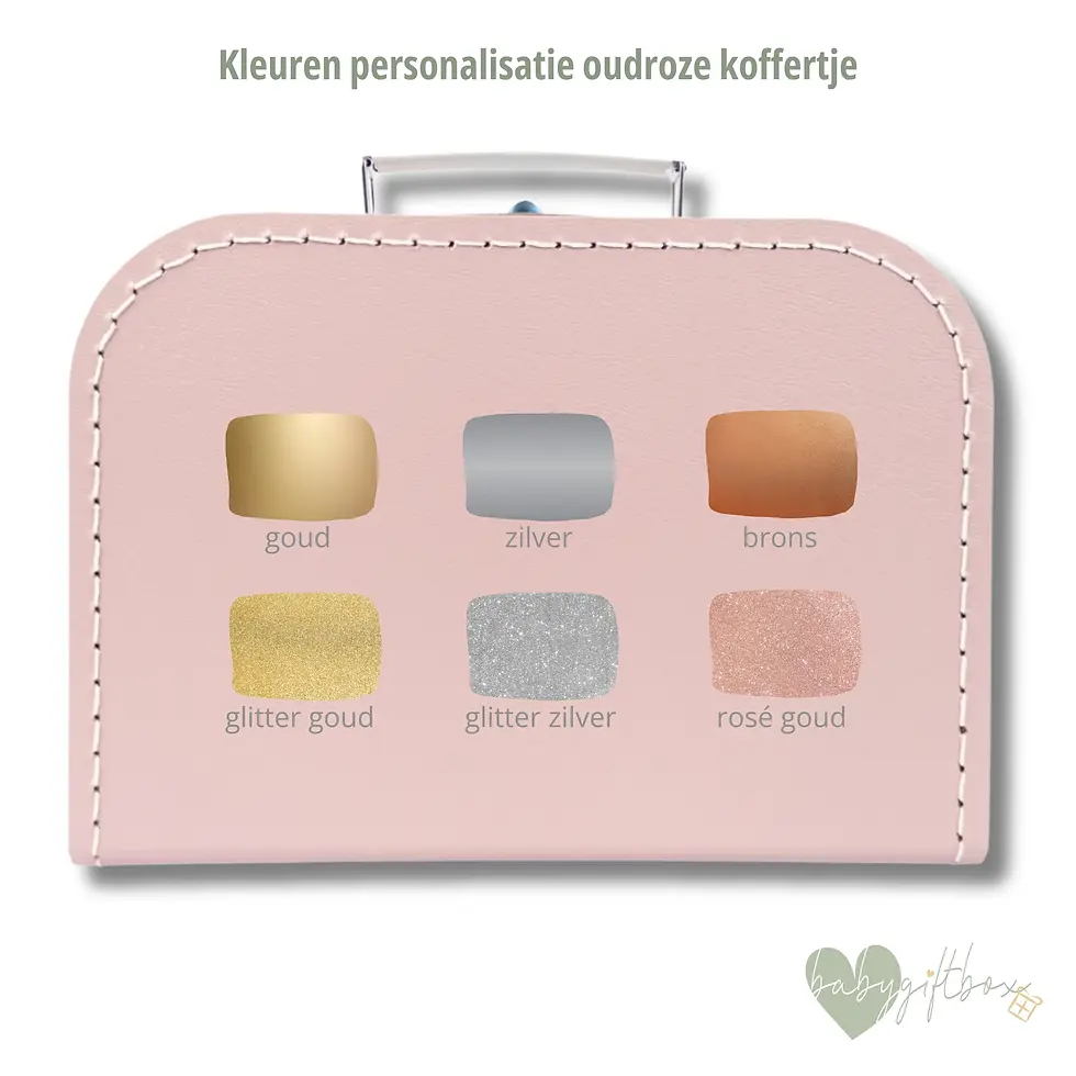 Thumbnail: Beschikbare kleuren voor gepersonaliseerd oudroze koffertje van Babygiftbox