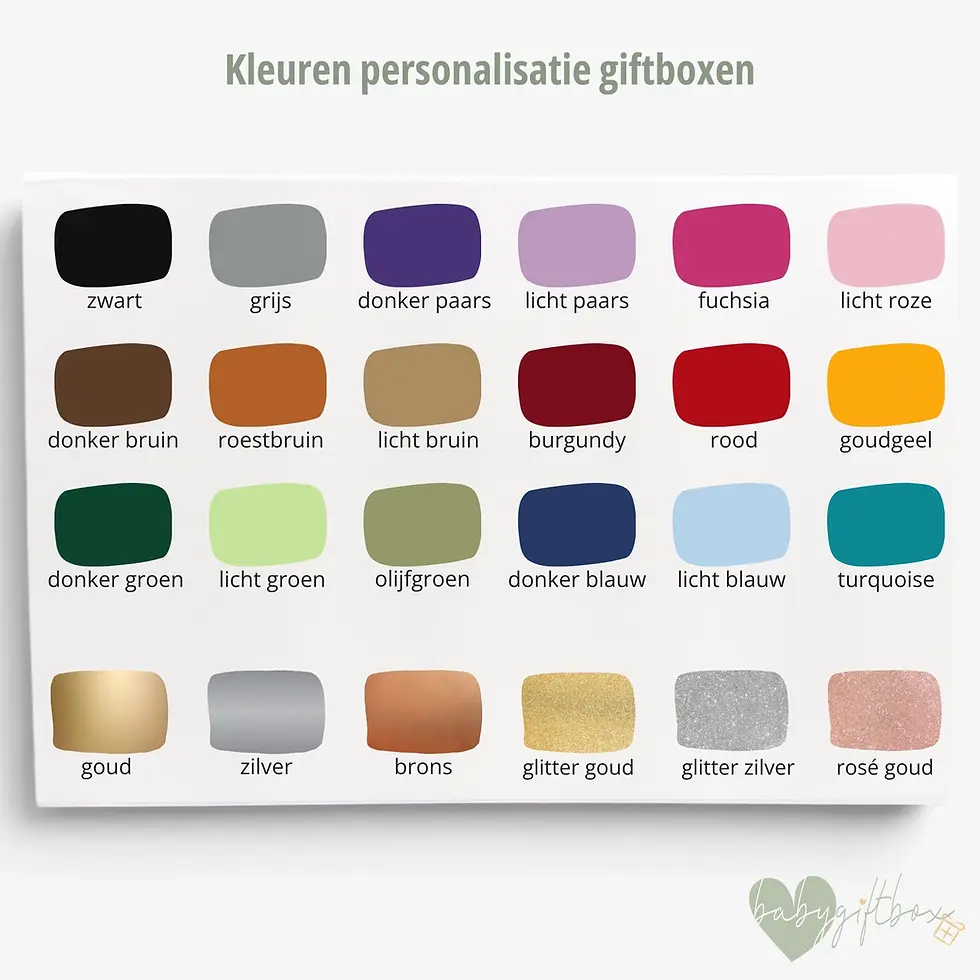 Thumbnail: Voorbeelden van de kleuren voor personalisatie van een giftbox bij Babygiftbox