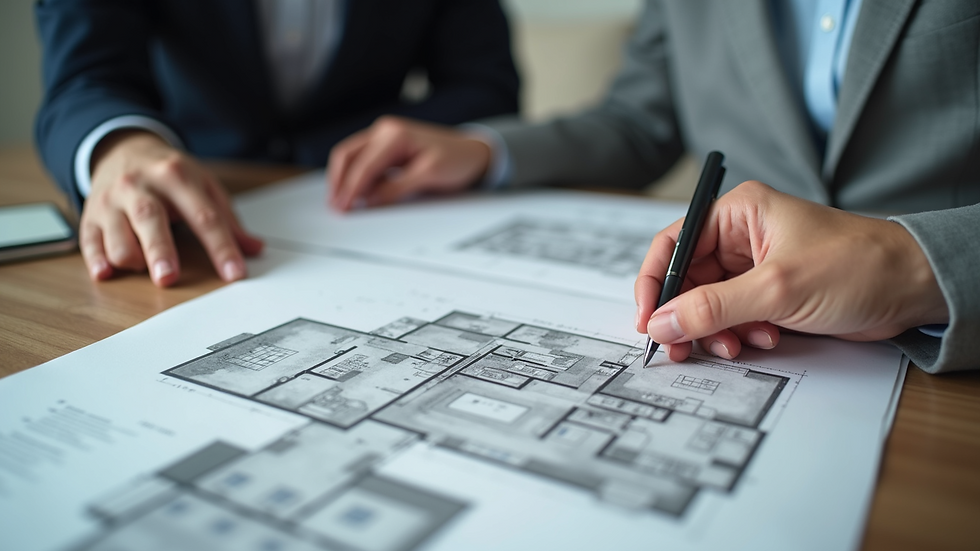 Close-up view of a real estate agent showing a house plan to a client