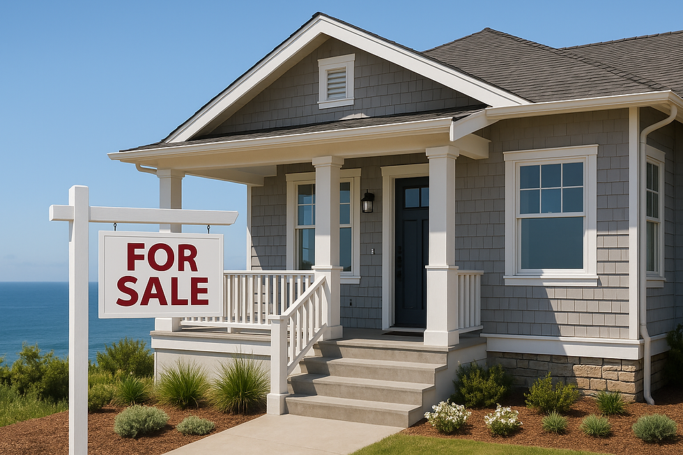 Front view of a coastal-style home with a “For Sale” sign in the yard, overlooking the ocean on a sunny day — symbolizing real estate opportunities in Coastal Orange County.
