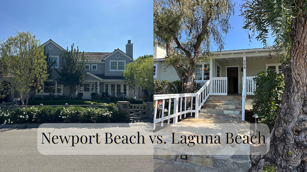 Side-by-side comparison of homes in Newport Beach and Laguna Beach. The left shows a large, traditional-style gray home with manicured landscaping in Newport Beach. The right features a charming, rustic cottage-style home with a white railing and mature trees in Laguna Beach. Overlay text reads 'Newport Beach vs. Laguna Beach'.