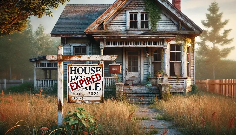 Weathered house for sale sign stamped with "Expired" in front of an neglected home with overgrown yard, representing an expired real estate listing in Coastal Orange County