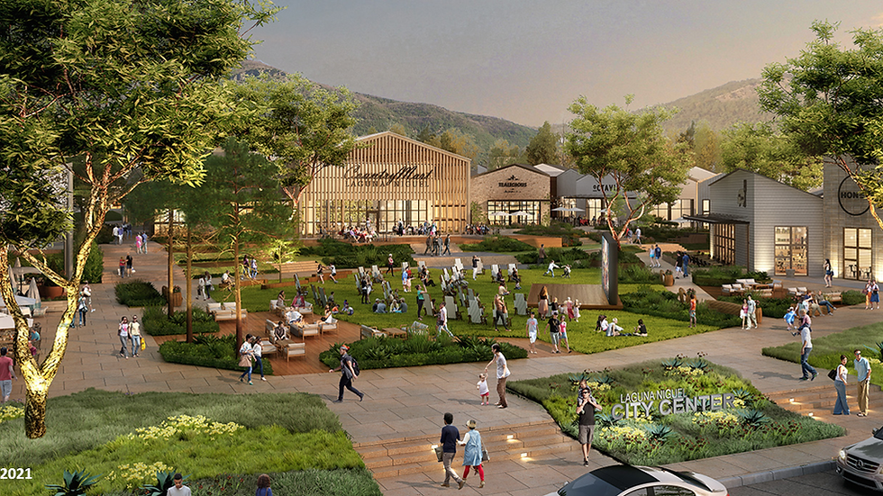 Conceptual rendering of the Laguna Niguel City Center featuring landscaped public gathering spaces, boutique storefronts, and outdoor seating areas surrounded by trees and walking paths at sunset.