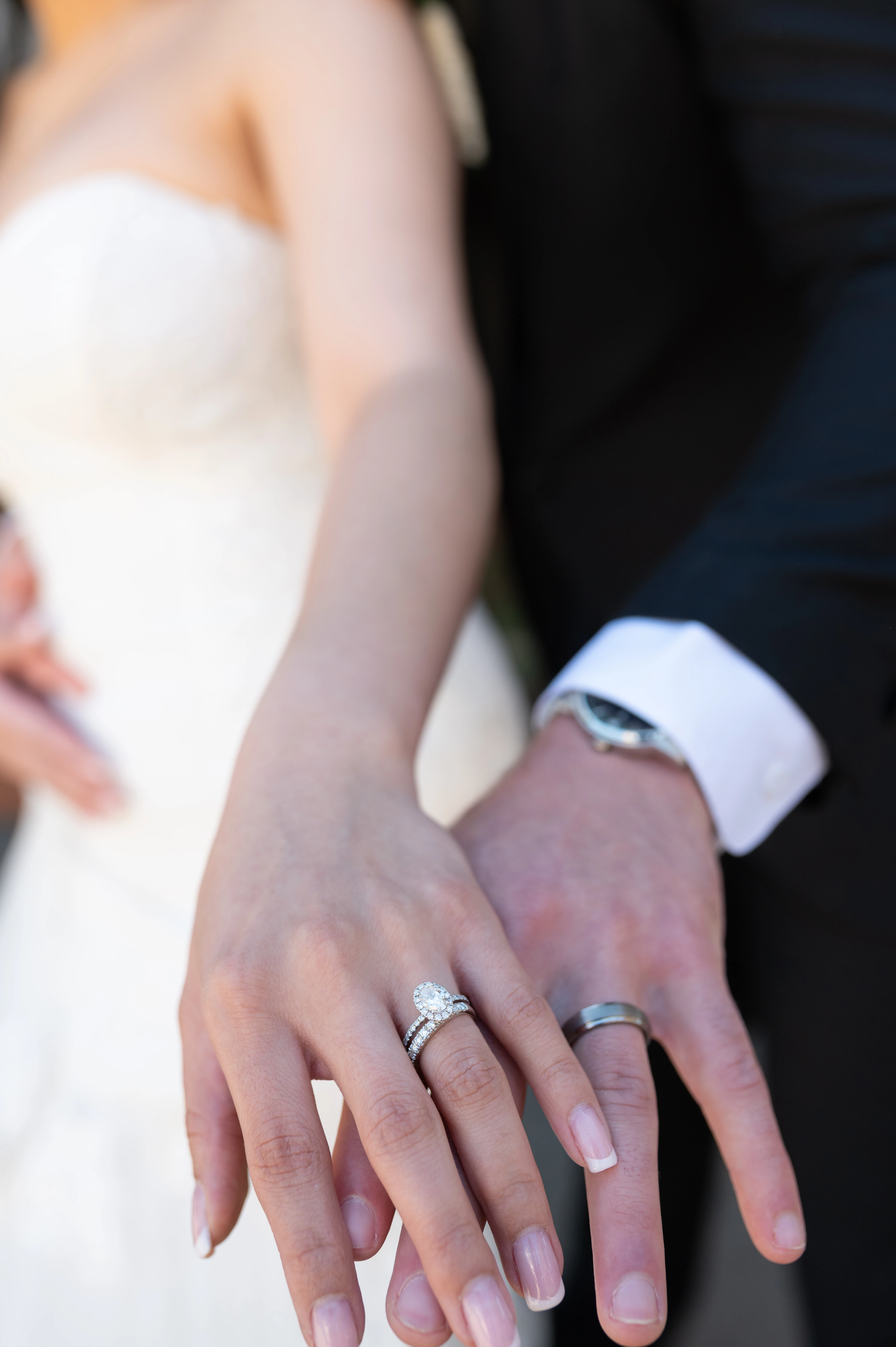 Close-up of wedding rings on couple’s hands during their Balboa Park elopement, photographed by a San Diego elopement photographer.