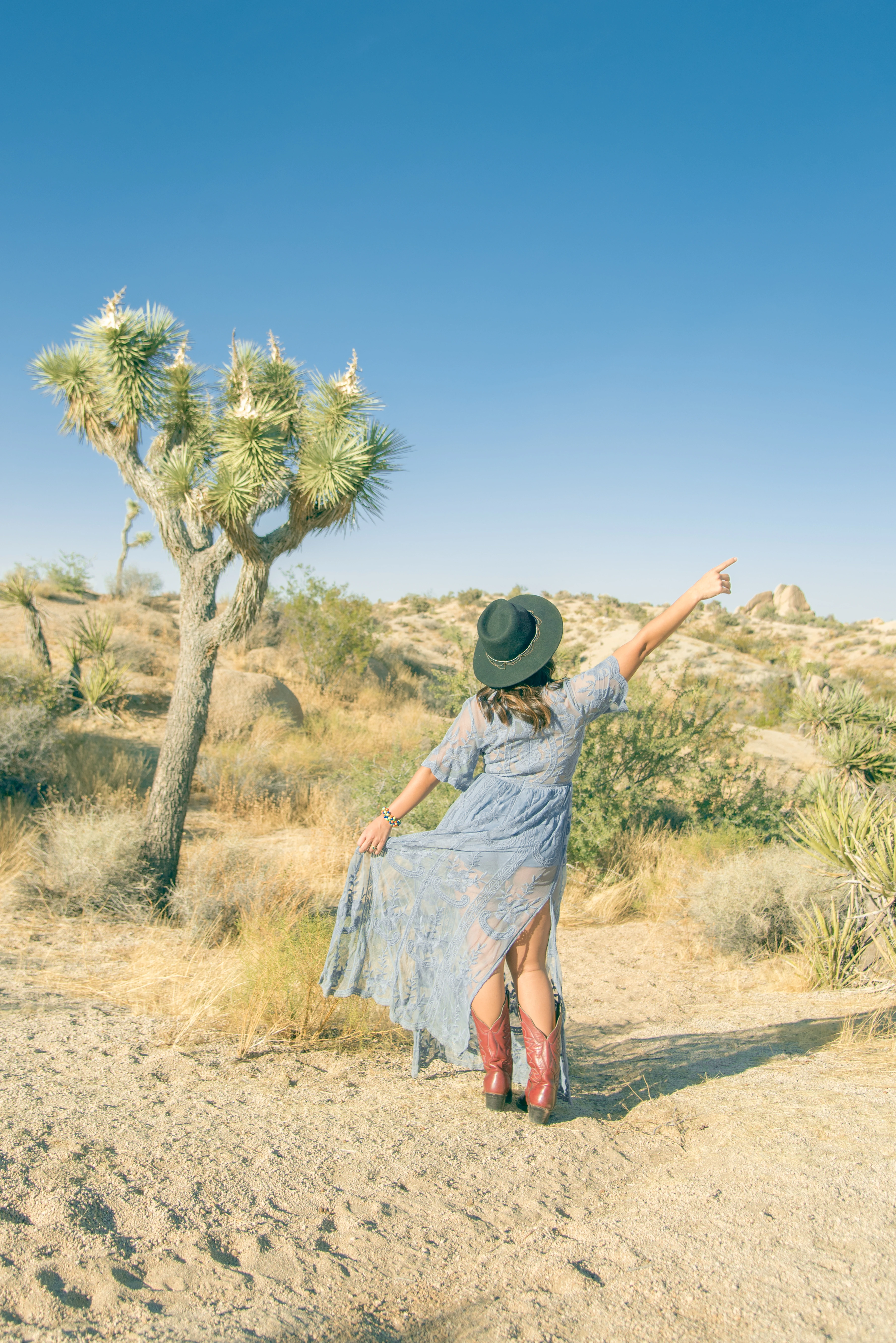 joshua tree elopement couple boho dress desert landscape california
