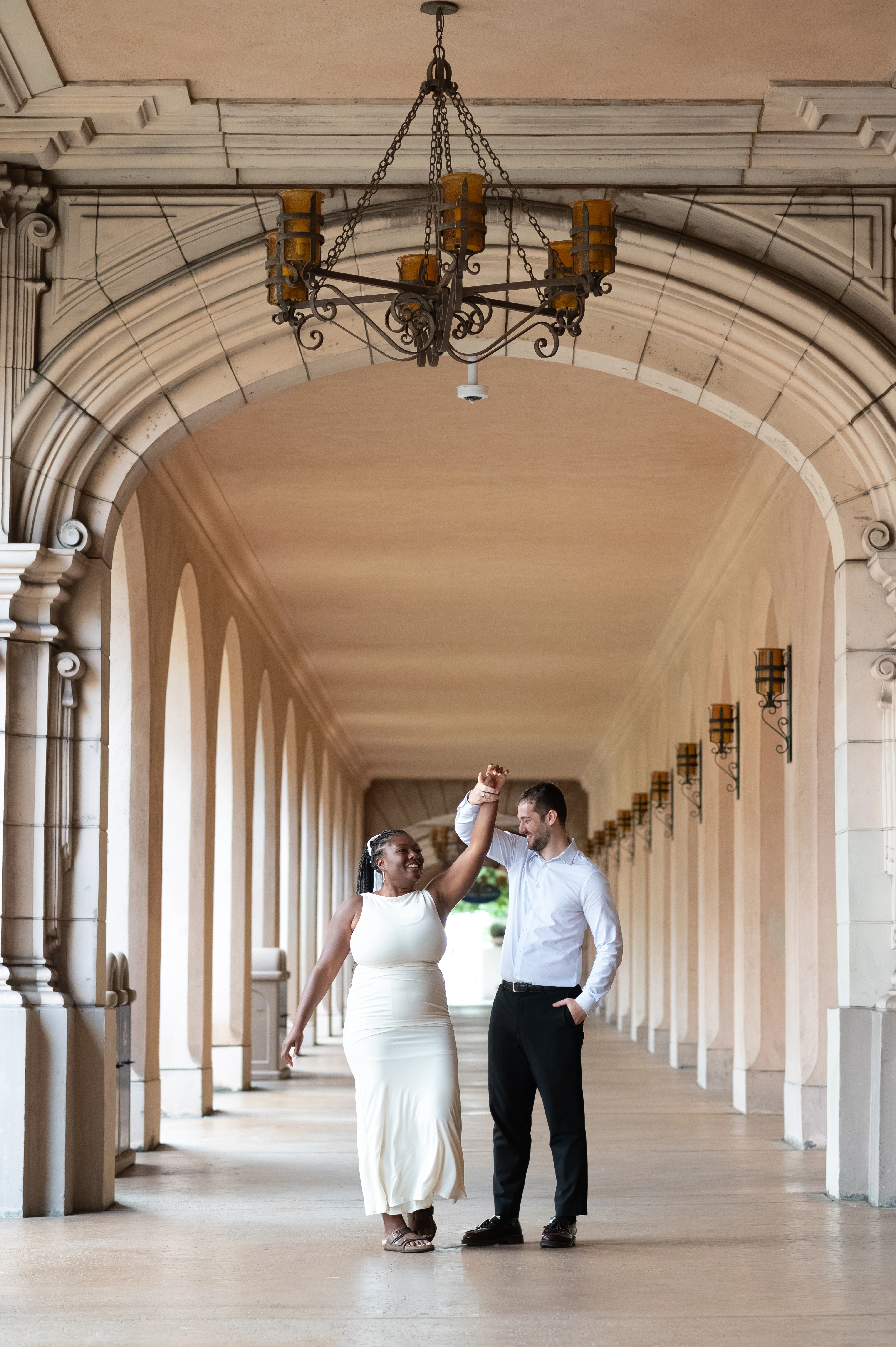 proposal photos Balboa Park architecture San Diego couple