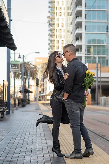 Joyful engagenebt sesion in downtown San Diego by San Diego engagement photographer