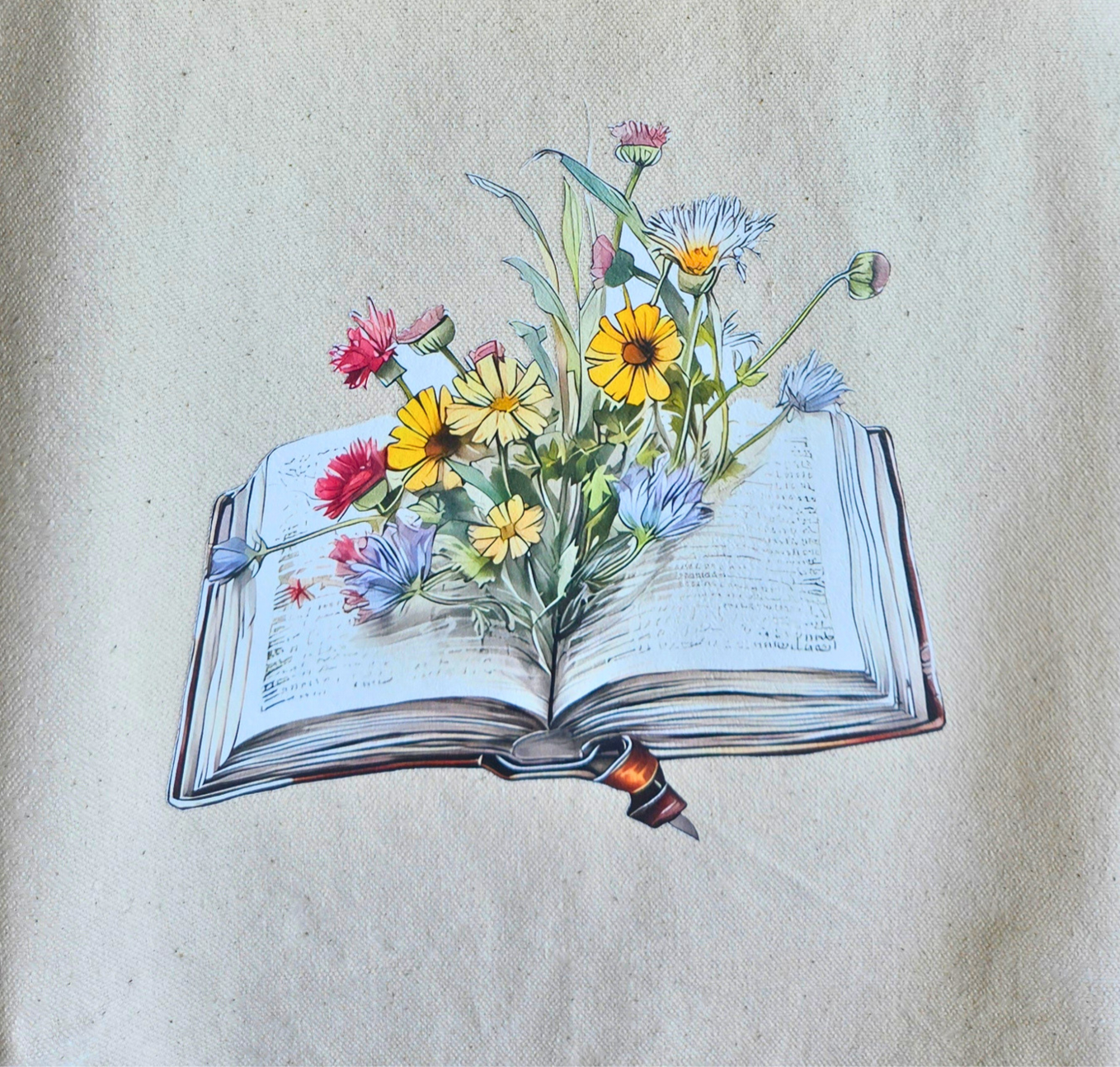 Book and Wildflowers Natural Canvas Tote Bag