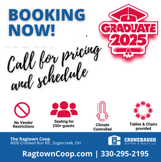RAGTOWN COOP EVENT HALL 8600 Crooked Run Road
Sugarcreek OH 44681
Seats 250 Guests | Climate Controlled | Catering Kitchen | Tables & Chairs Provided | Indoor Restrooms