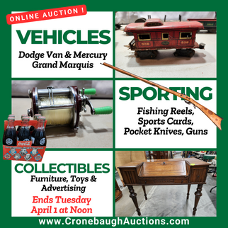 Guns, Knives, Older Fishing Items, Sports Cards, Vehicles and More
Ends: Tuesday, April 1, 2025 at NOON Auction Preview: Saturday, March 29, 2025 10:00 am to Noon.