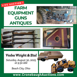 Farm Equipment, Guns, Antiques & More
Saturday, August 30, 2025 at 9:30 am
Beach City, Ohio