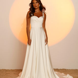 A line shape, wide strap with low v back. Sweetheart neck line wedding dress. Madi Lane.