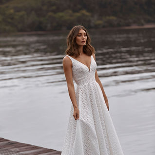 A line wedding dress. Bohemian pattern. Madi lane.