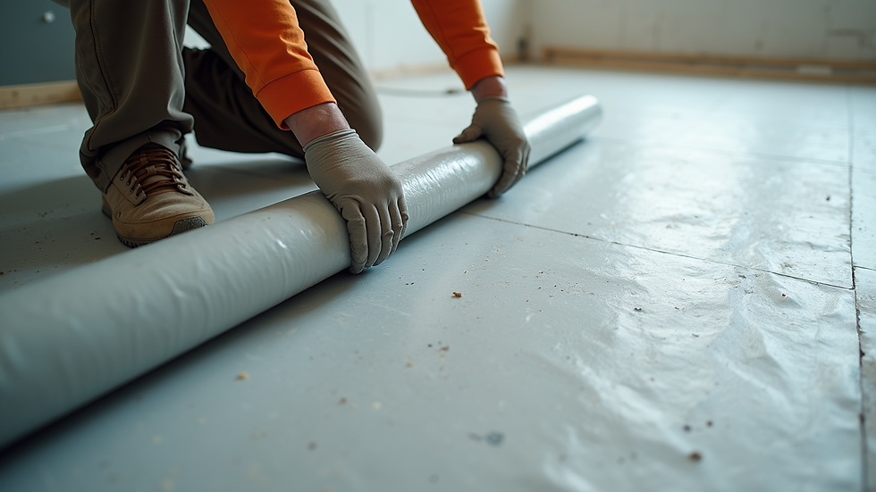 High angle view of a construction worker laying down floor protection sheets carefully