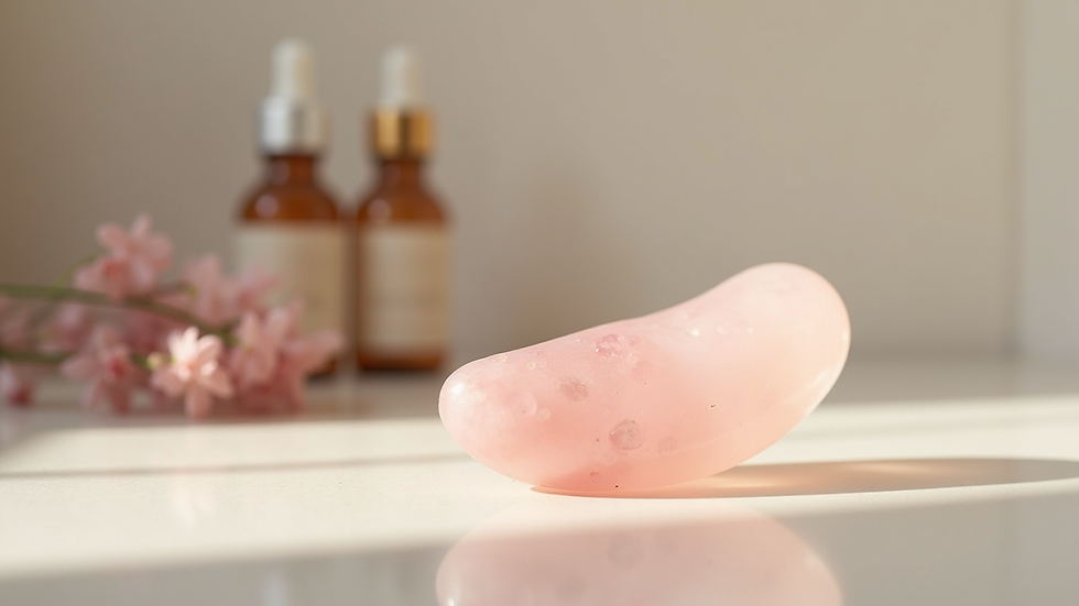 Eye-level view of rose quartz gua sha tool placed beside natural skincare products