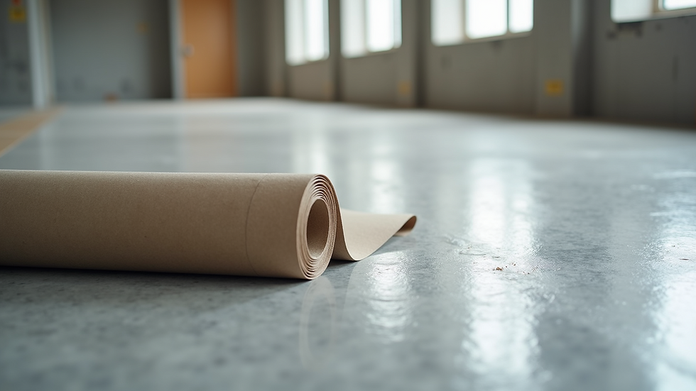 Close-up view of durable floor protection sheet rolled out on a construction site floor