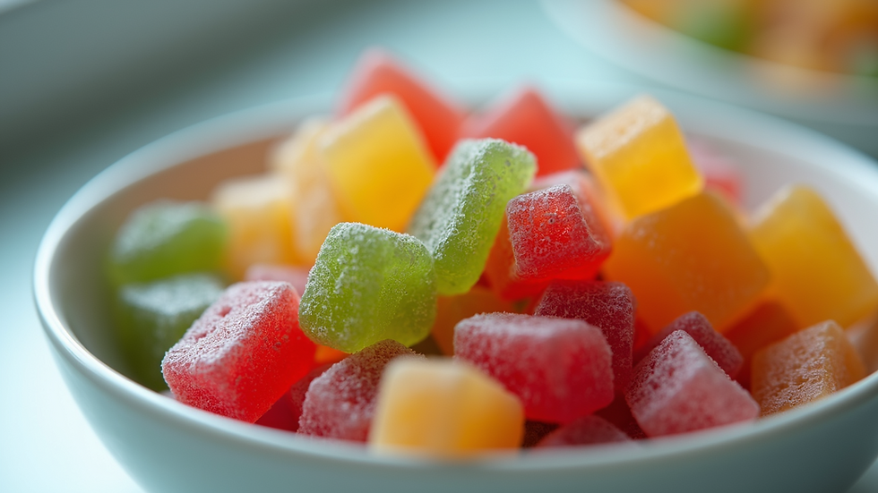 Close-up view of colorful sugar-free CBD gummies in a bowl
