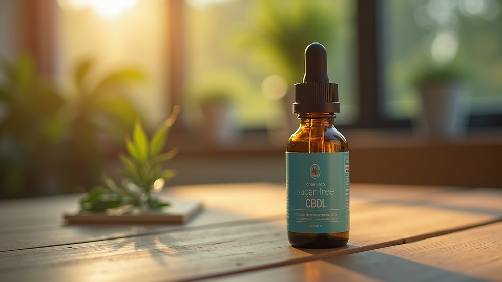 Close-up view of a bottle of sugar-free CBD oil on a wooden table