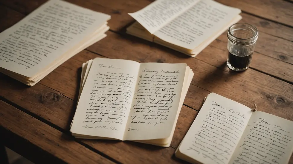 Close-up view of handwritten poetry notes scattered on a rustic table