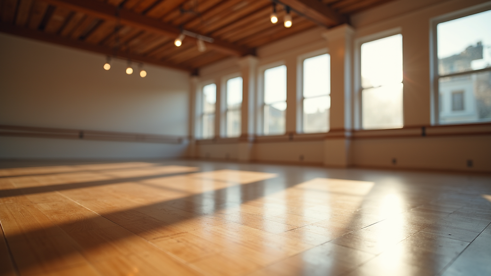 Eye-level view of a spacious dance studio with polished wooden floors