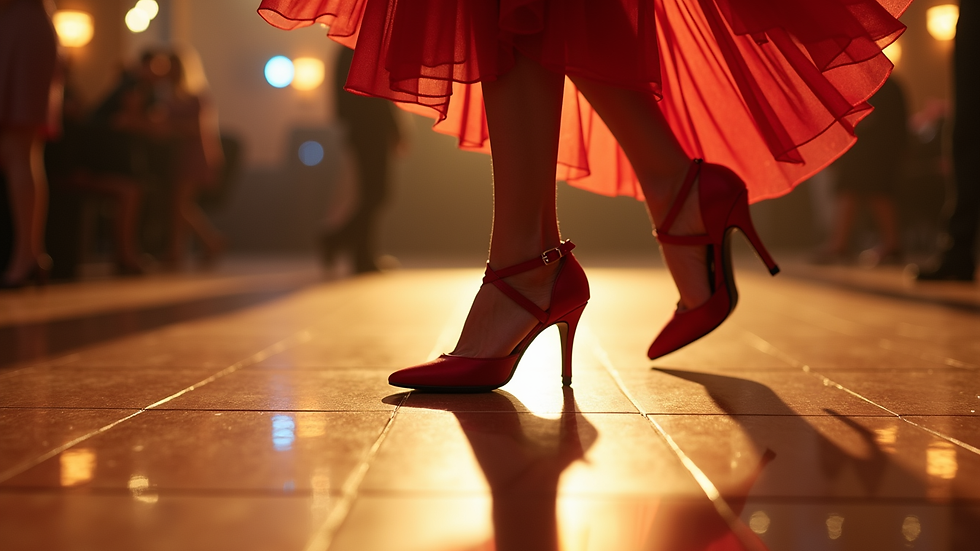 Close-up view of a dancer’s feet performing a cha-cha step on a shiny dance floor
