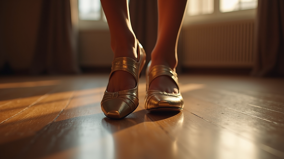 Close-up view of polished ballroom dance shoes on a wooden floor