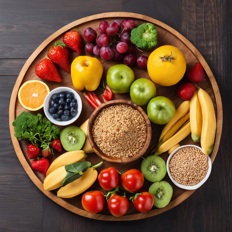 Fresh fruits, vegetables, and whole grains on a wooden table, emphasizing the importance of whole foods.