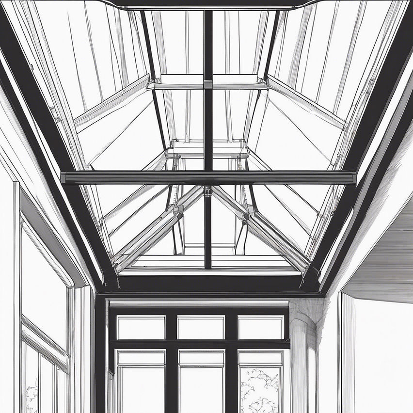 subtle architectural line drawing of modern roof lanterns on extension -white line drawing