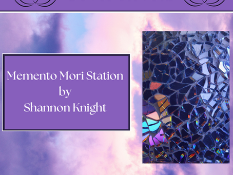 Cover reveal graphic for Memento Mori Station by Shannon Knight