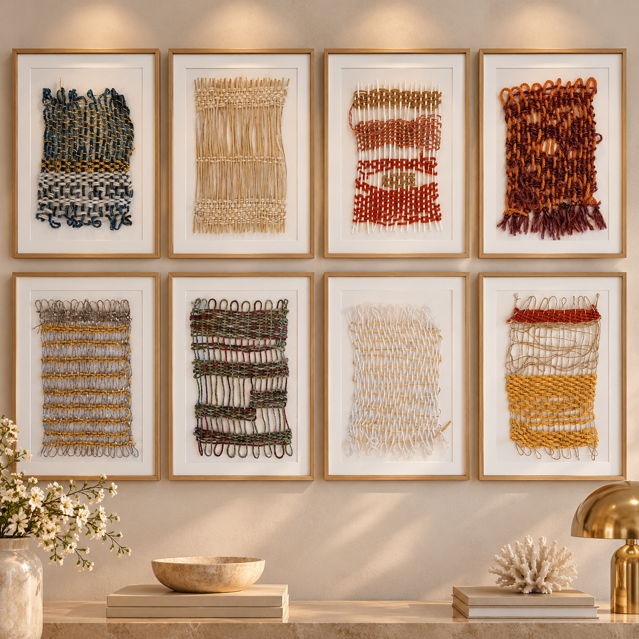 8 original Framed Woven Art ready to hang