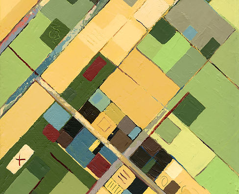 Ana Maria Botero, A Fascinating Crossway
Colorful geometric abstract painting of intersecting diagonal shapes in gold, green, and teal, by Ana Maria Botero