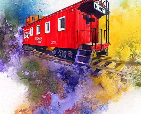 Bruce White, Niwot's Colorful History
Watercolor and mixed media painting of a red train caboose with expressive splashes of color, by Bruce White
