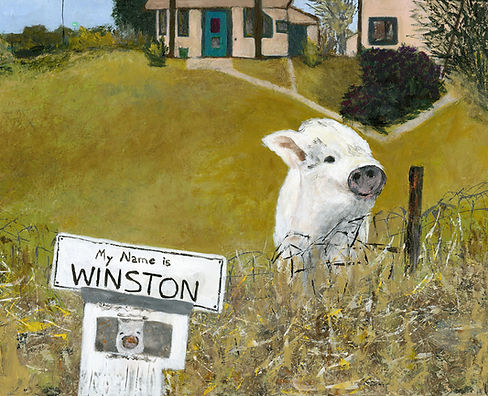 Blaise Simonelli, Winston in Niwot
Painting of a white dog standing in a green Niwot field beside a Winston road sign, by Blaise Simonelli